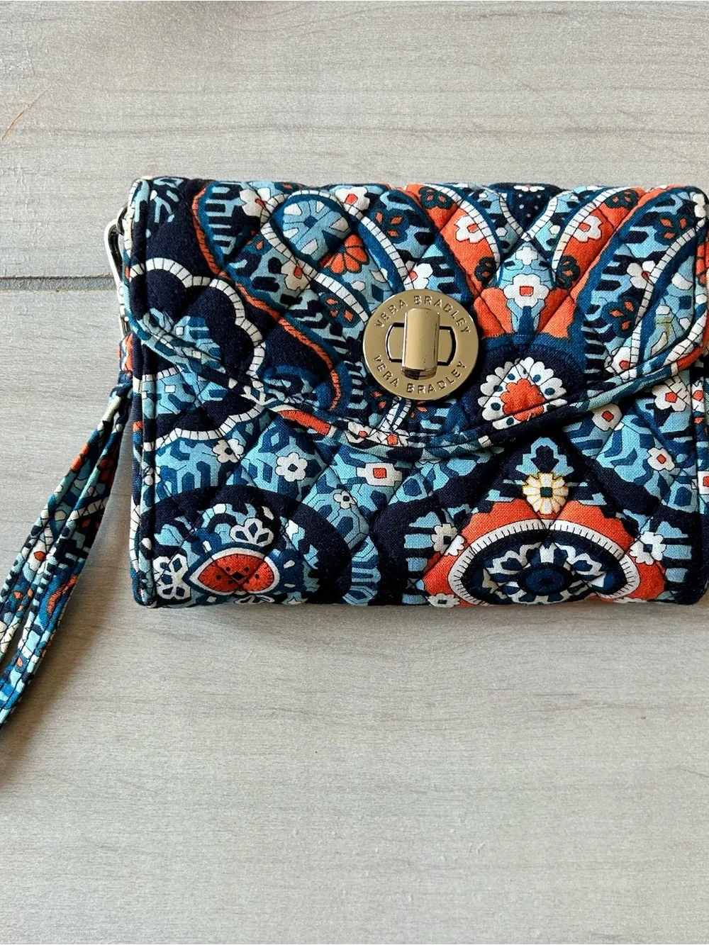Vera Bradley Blue Orange Marrakesh Pattern Turnlock Quilted Wristlet Clutch